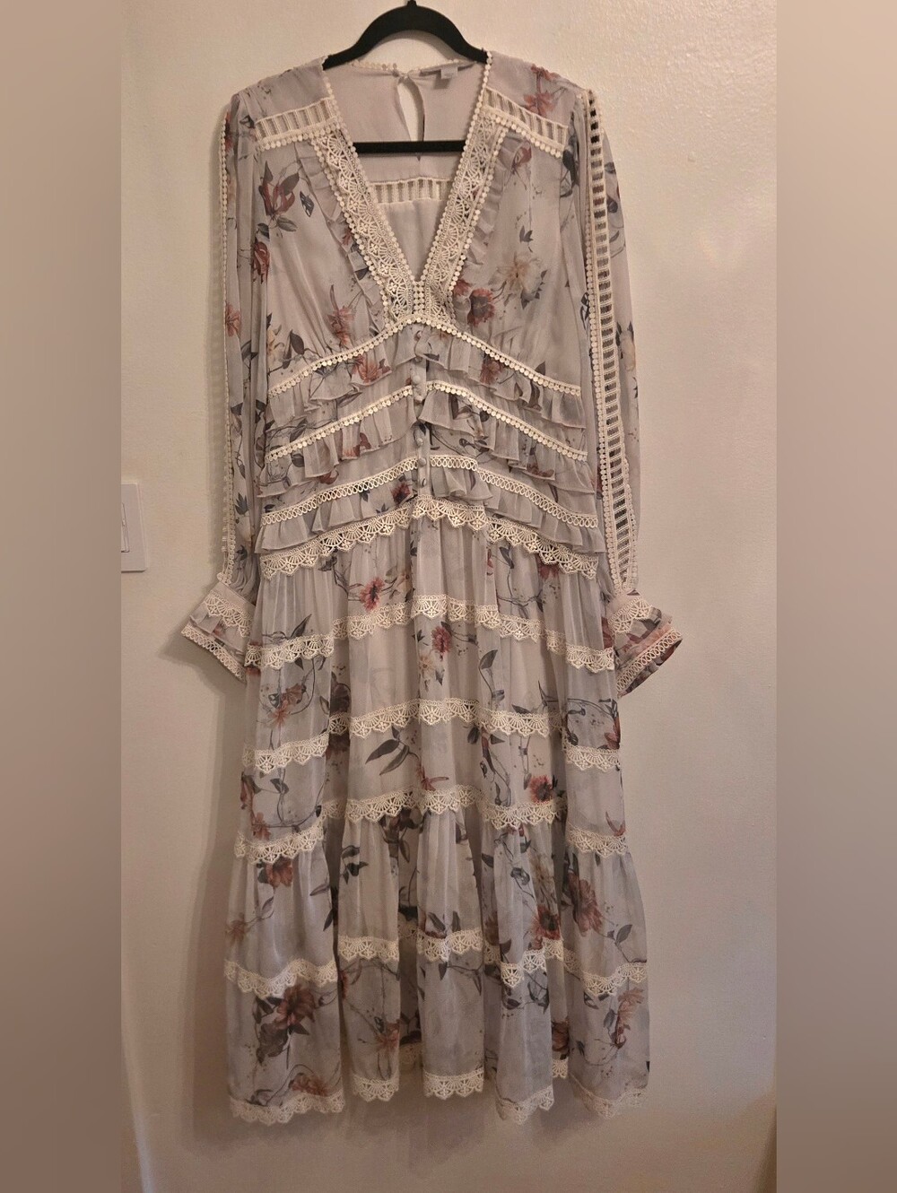 All Saints Zora Flowy Tiered Floral Midi Dress Ruffle Lace Details Size 12